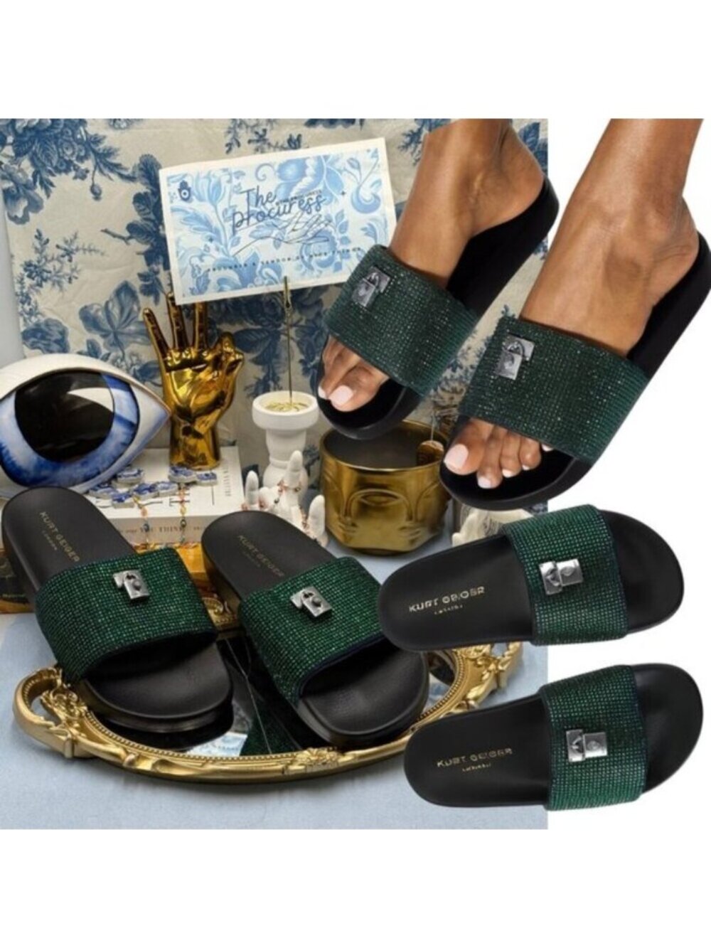 🆕 KURT GEIGER LONDON 🧿 NWOB Brixton Poolslide, Blue Green Crystals - Sz 40 US9